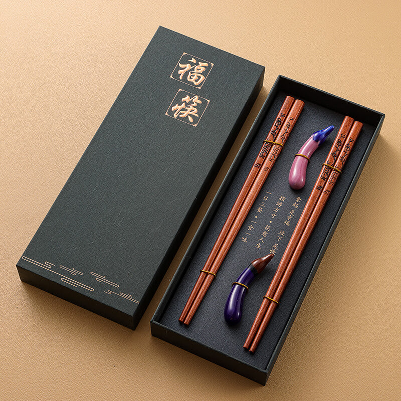 Premium Wooden Chopstick and Chopstick Rest Chinese Style Gift 2 Pairs Sets