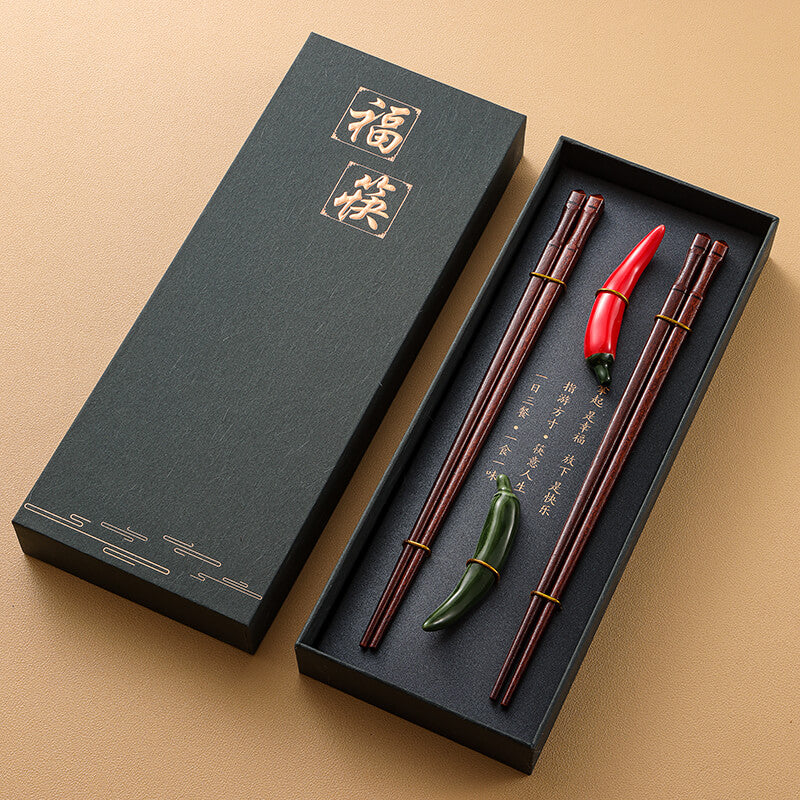 Premium Wooden Chopstick and Chopstick Rest Chinese Style Gift 2 Pairs Sets