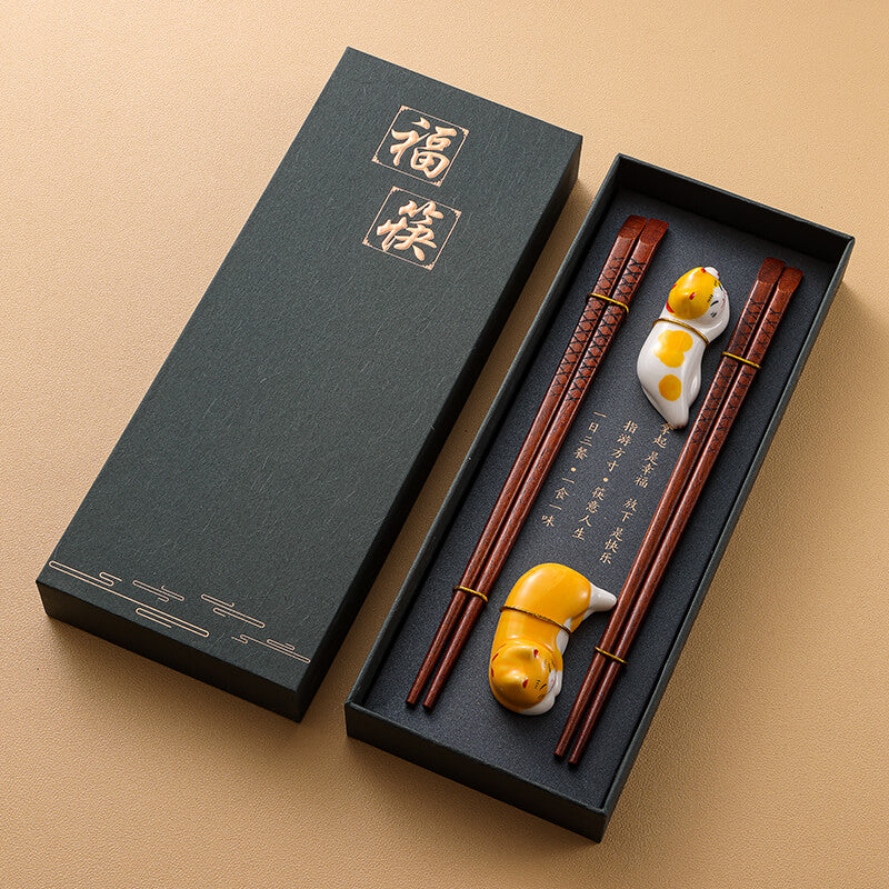 Premium Wooden Chopstick and Chopstick Rest Chinese Style Gift 2 Pairs Sets