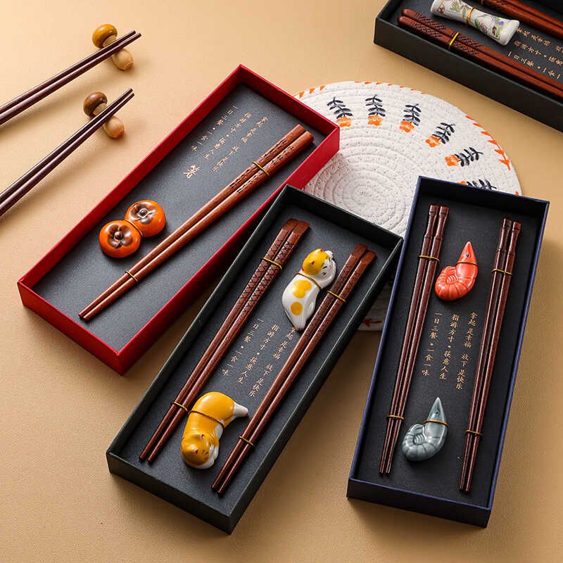 Premium Wooden Chopstick and Chopstick Rest Chinese Style Gift 2 Pairs Sets