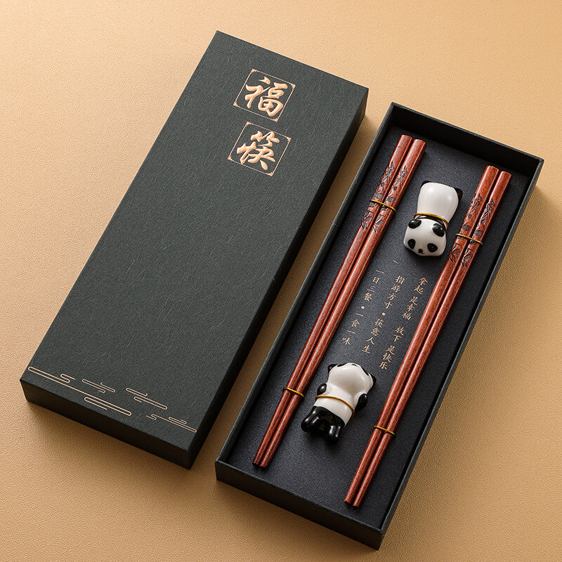 Premium Wooden Chopstick and Chopstick Rest Chinese Style Gift 2 Pairs Sets
