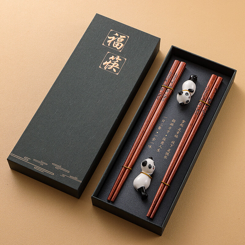Premium Wooden Chopstick and Chopstick Rest Chinese Style Gift 2 Pairs Sets