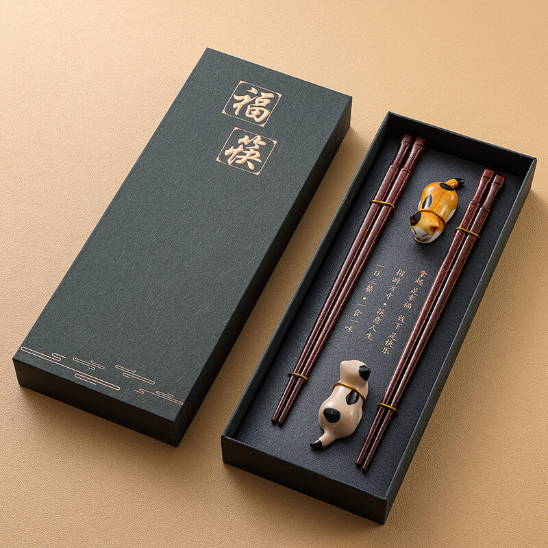 Premium Wooden Chopstick and Chopstick Rest Chinese Style Gift 2 Pairs Sets