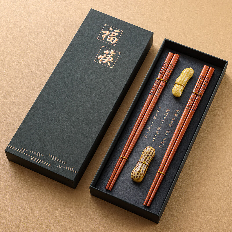 Premium Wooden Chopstick and Chopstick Rest Chinese Style Gift 2 Pairs Sets