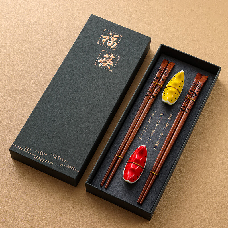 Premium Wooden Chopstick and Chopstick Rest Chinese Style Gift 2 Pairs Sets