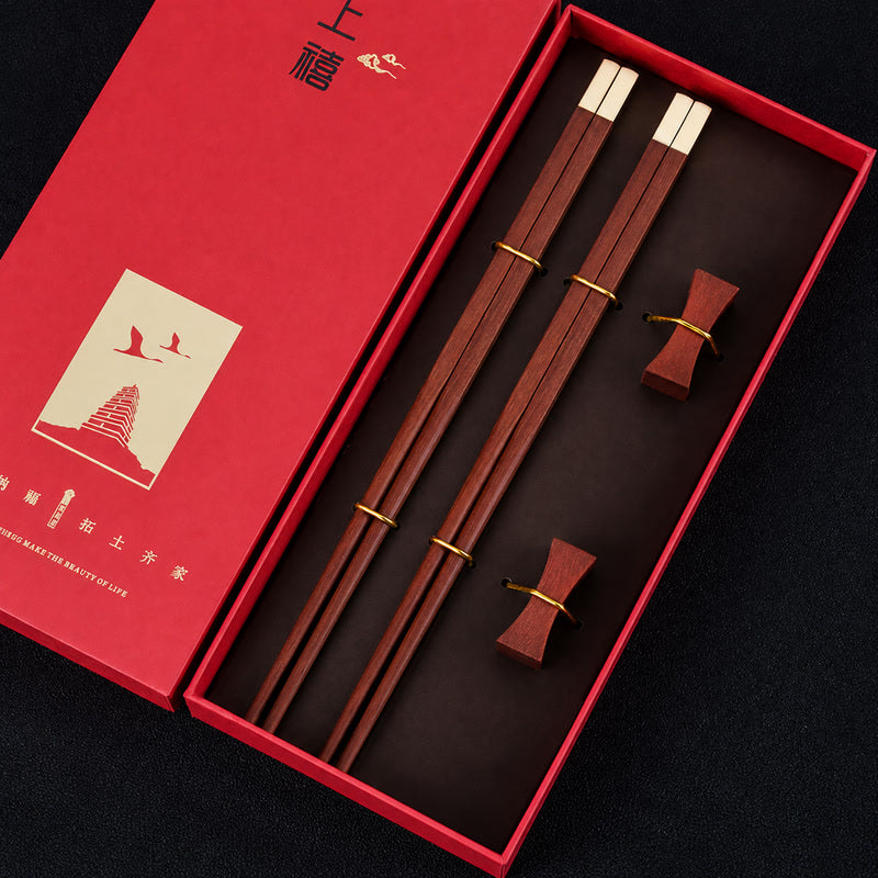 Personalized Wooden Chopsticks Gift Set for Two – 2 Pairs with Chopstick Rests & Gold-Tone Caps