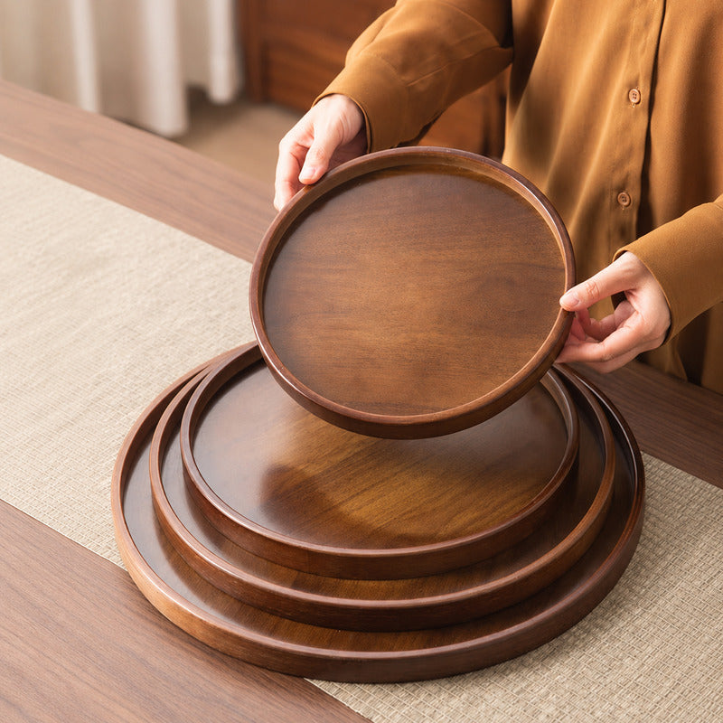 Round bamboo serving tray with walnut finish for tea and coffee