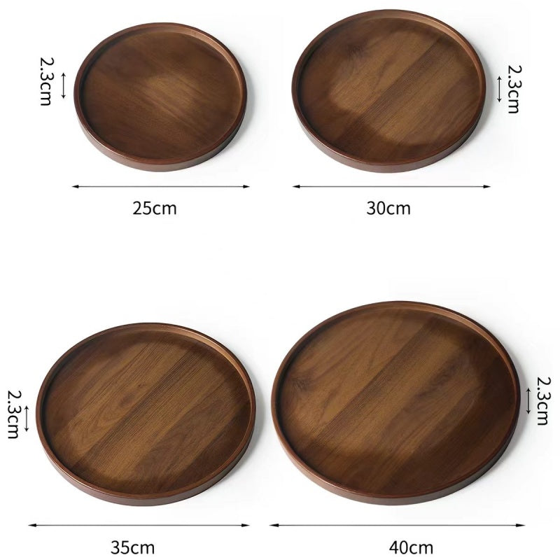 Four round wooden trays in different sizes with dimension labels showing diameters of 25cm, 30cm, 35cm, and 40cm, and a depth of 2.3cm, on a white background.