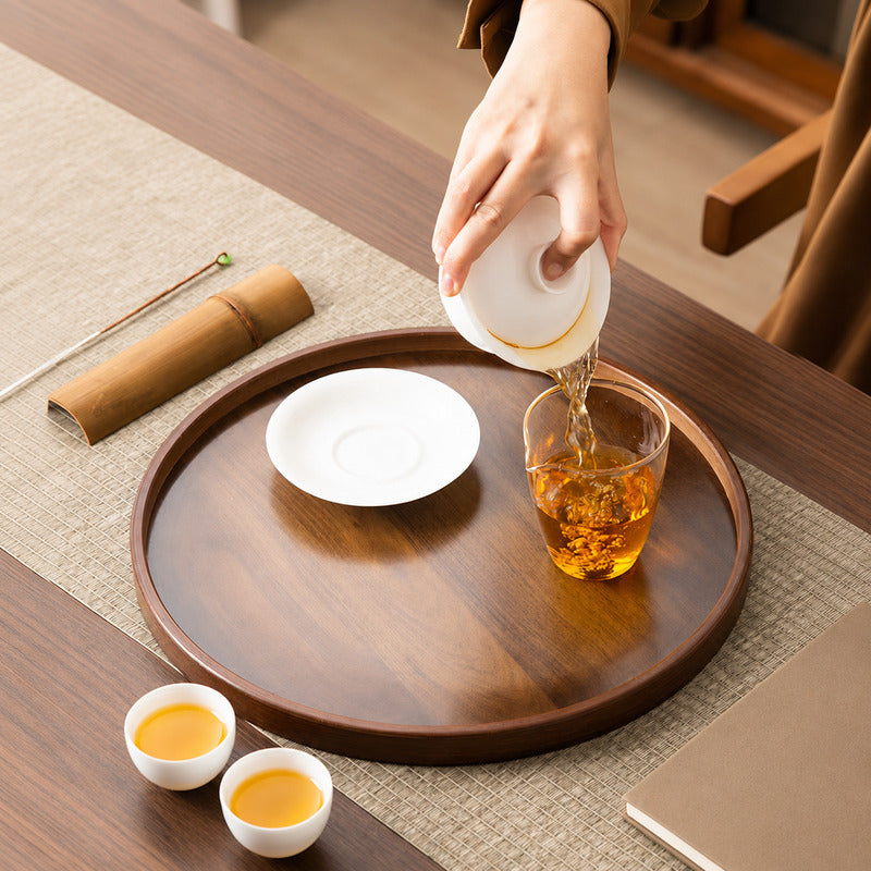 Round bamboo serving tray with walnut finish for tea and coffee