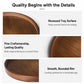 A marketing infographic for a wooden tray, showing three close-up views of the tray's brown wood grain with text highlighting its features: 'Recessed Tray Surface,' 'Fine Craftsmanship, Lasting Quality,' and 'Smooth, Rounded Rim.'.