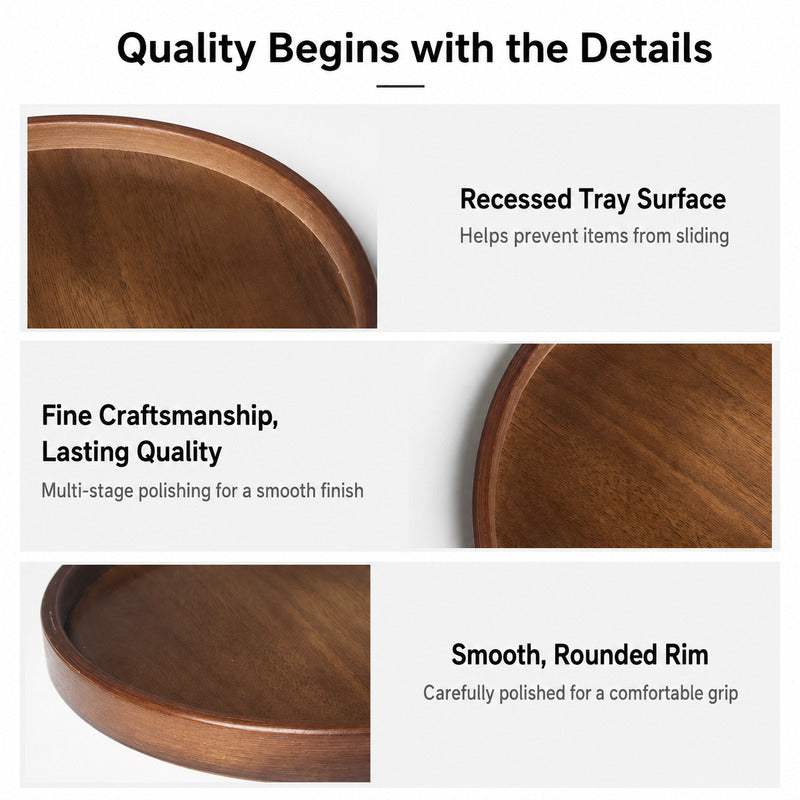 A marketing infographic for a wooden tray, showing three close-up views of the tray's brown wood grain with text highlighting its features: 'Recessed Tray Surface,' 'Fine Craftsmanship, Lasting Quality,' and 'Smooth, Rounded Rim.'.
