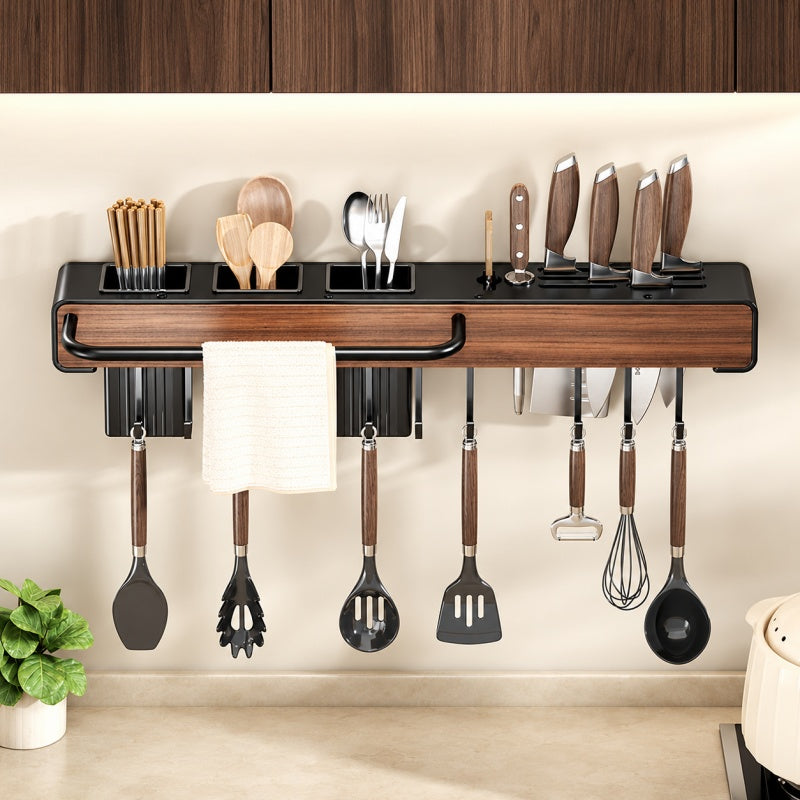 Wall-Mounted Knife and Utensil Organizer with Knife Slots, Hooks and Chopstick Holder