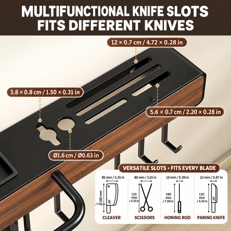 Wall-Mounted Knife and Utensil Organizer with Knife Slots, Hooks and Chopstick Holder