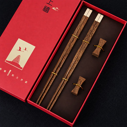 Personalized Wooden Chopsticks Gift Set for Two – 2 Pairs with Chopstick Rests & Gold-Tone Caps