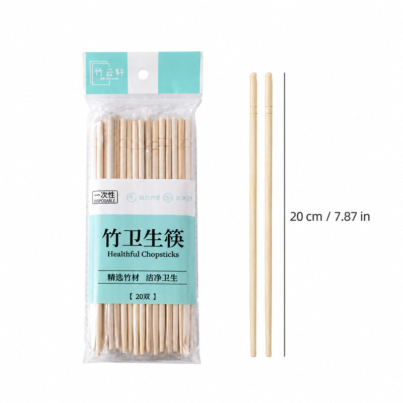 Pack of 20 bamboo chopsticks shown in clear plastic packaging with a teal label, alongside two loose chopsticks and a vertical measurement marker indicating 20 cm (7.87 in) length on a white background.