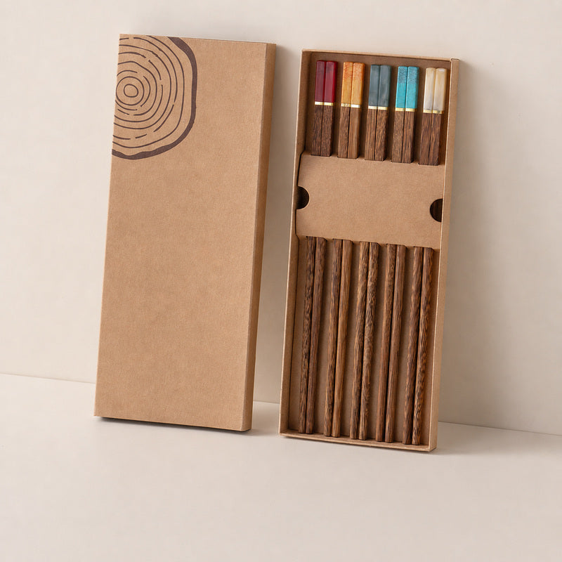 5 Pairs Reusable Wooden Chopsticks Set with Color-Coded Handles