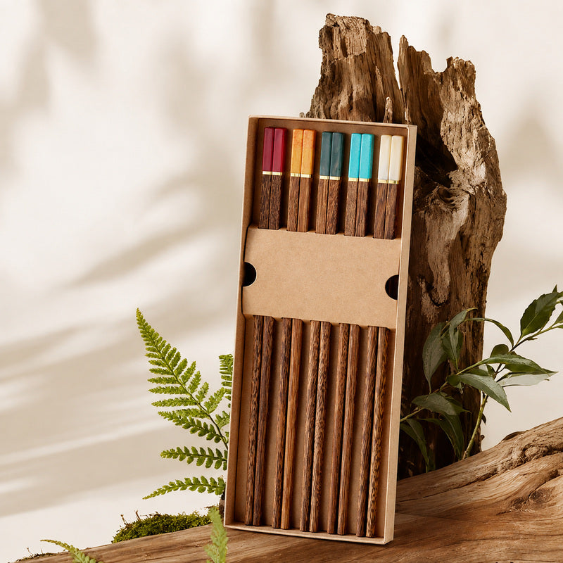 Five pairs of reusable chicken wing wood chopsticks with color-coded handles