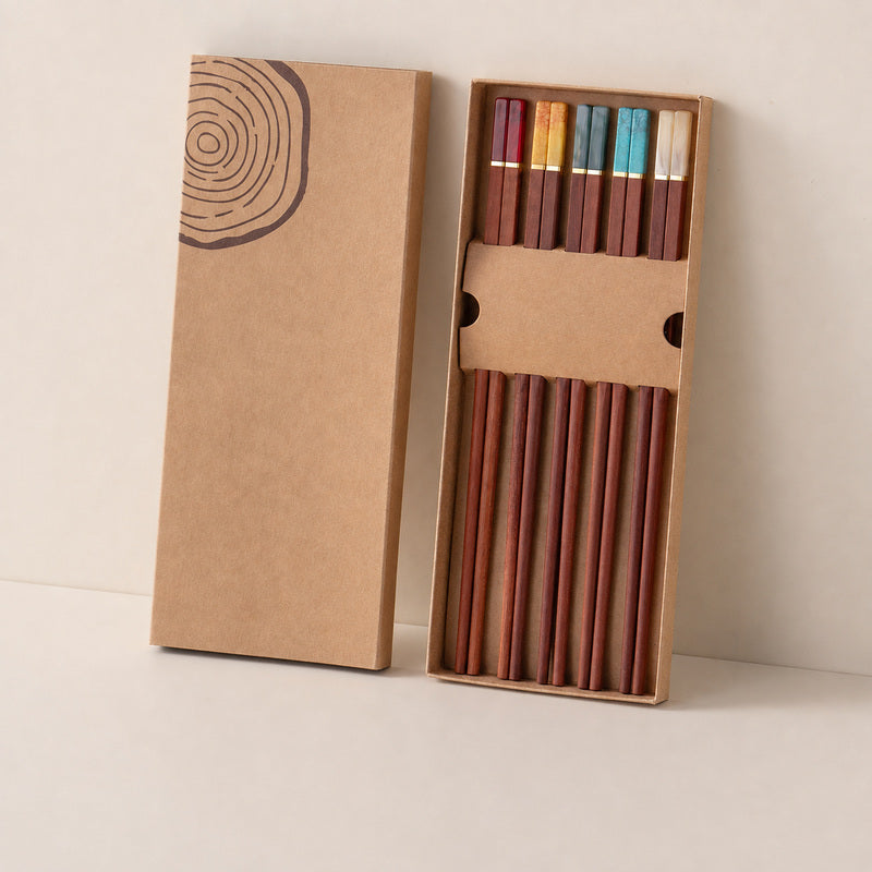 5 Pairs Reusable Wooden Chopsticks Set with Color-Coded Handles