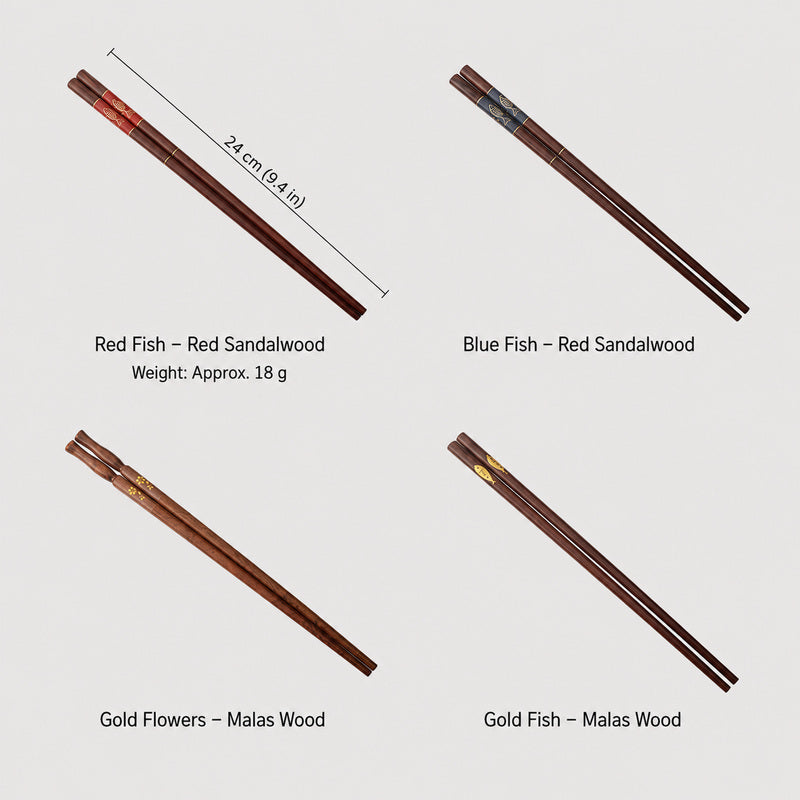 4 Pairs Reusable Wooden Chopsticks Set with Fish & Floral Designs