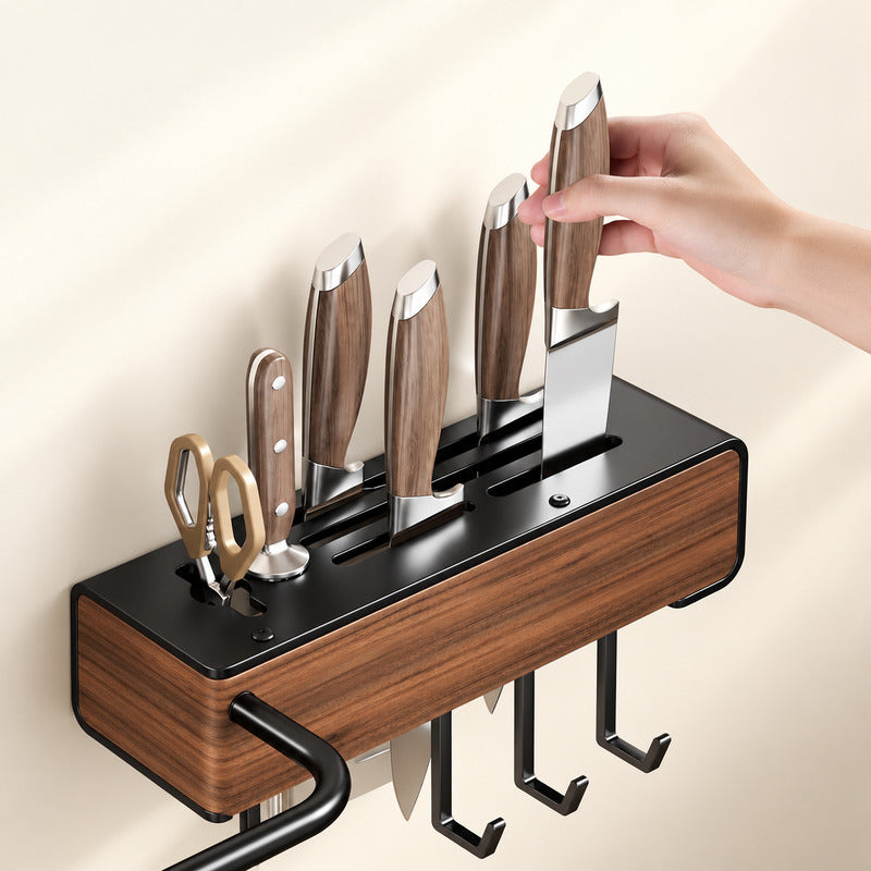 Wall-Mounted Knife and Utensil Organizer with Knife Slots, Hooks and Chopstick Holder