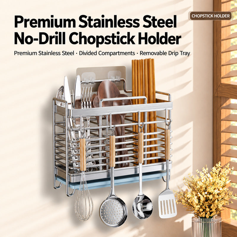304 Stainless Steel Chopstick and Utensil Holder with Drain Tray and Hooks