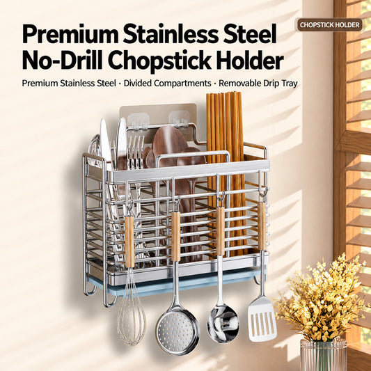 304 Stainless Steel Chopstick and Utensil Holder with Drain Tray and Hooks