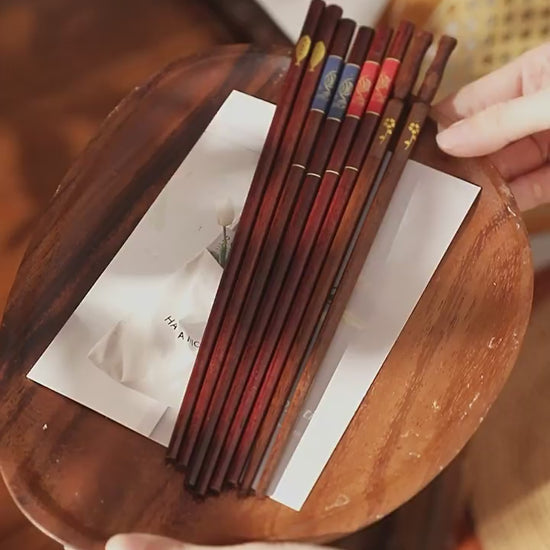 4 Pairs Reusable Wooden Chopsticks Set with Fish & Floral Designs Video