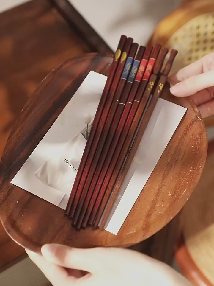 4 Pairs Reusable Wooden Chopsticks Set with Fish & Floral Designs Video