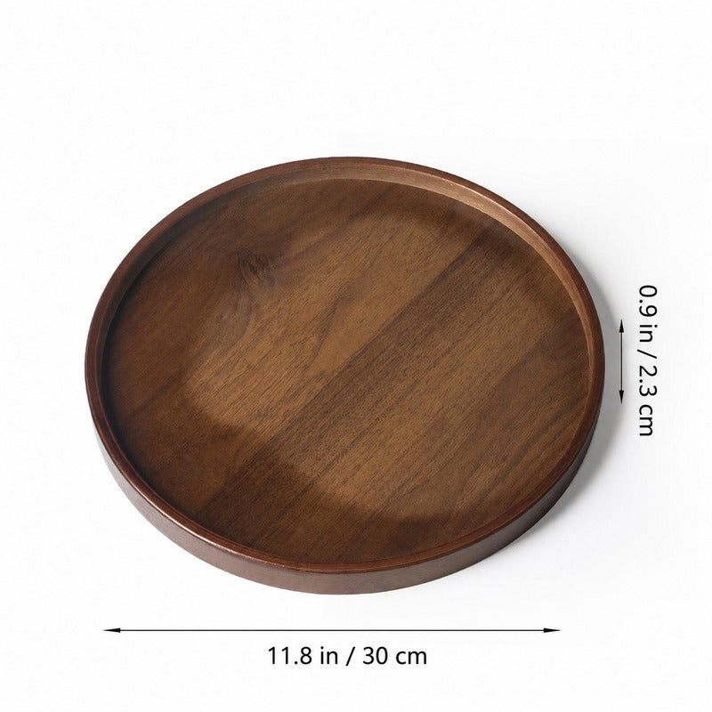 11.8-inch round bamboo serving tray with walnut finish