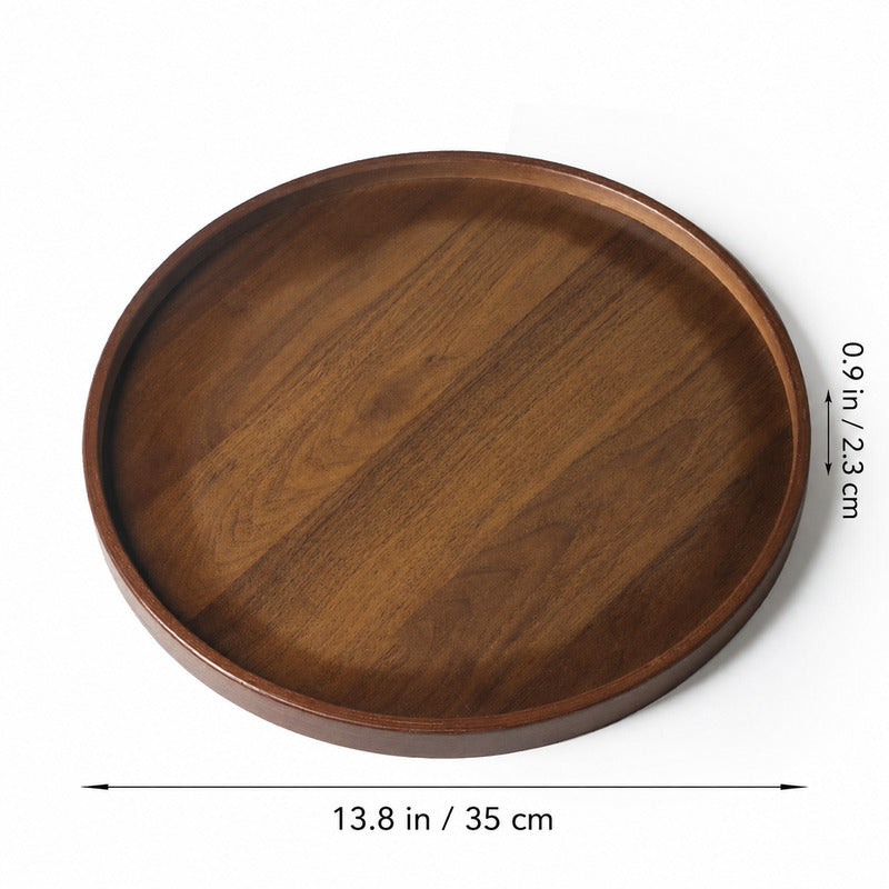 13.8-inch round bamboo serving tray with walnut finish