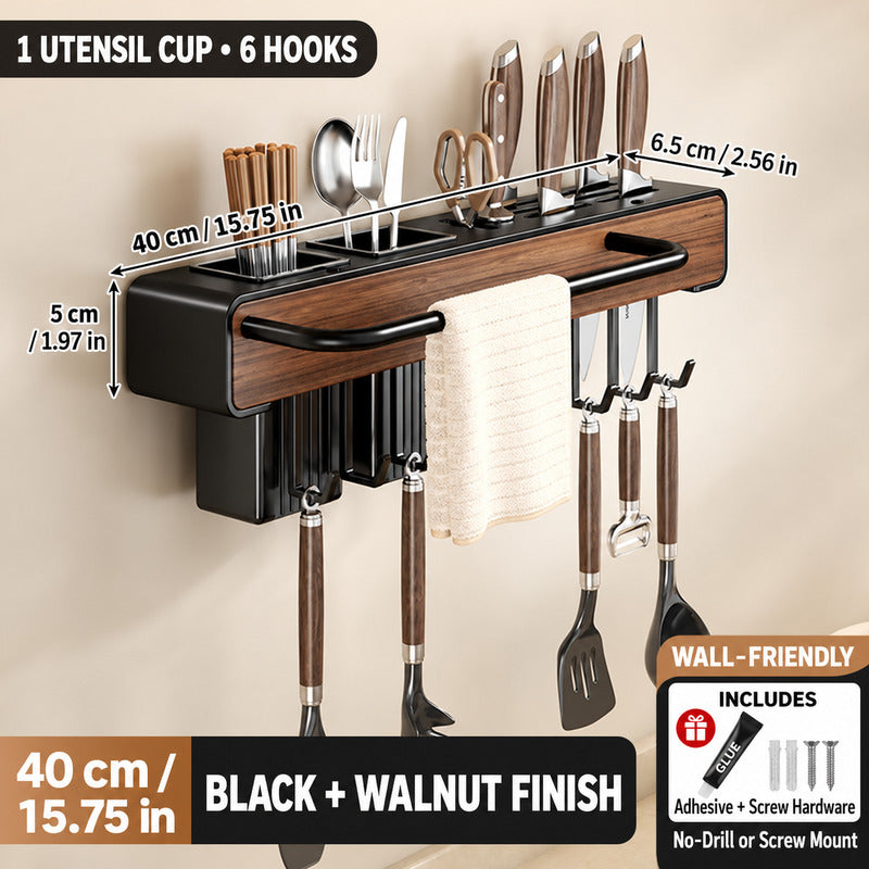 Wall-Mounted Knife and Utensil Organizer with Knife Slots, Hooks and Chopstick Holder
