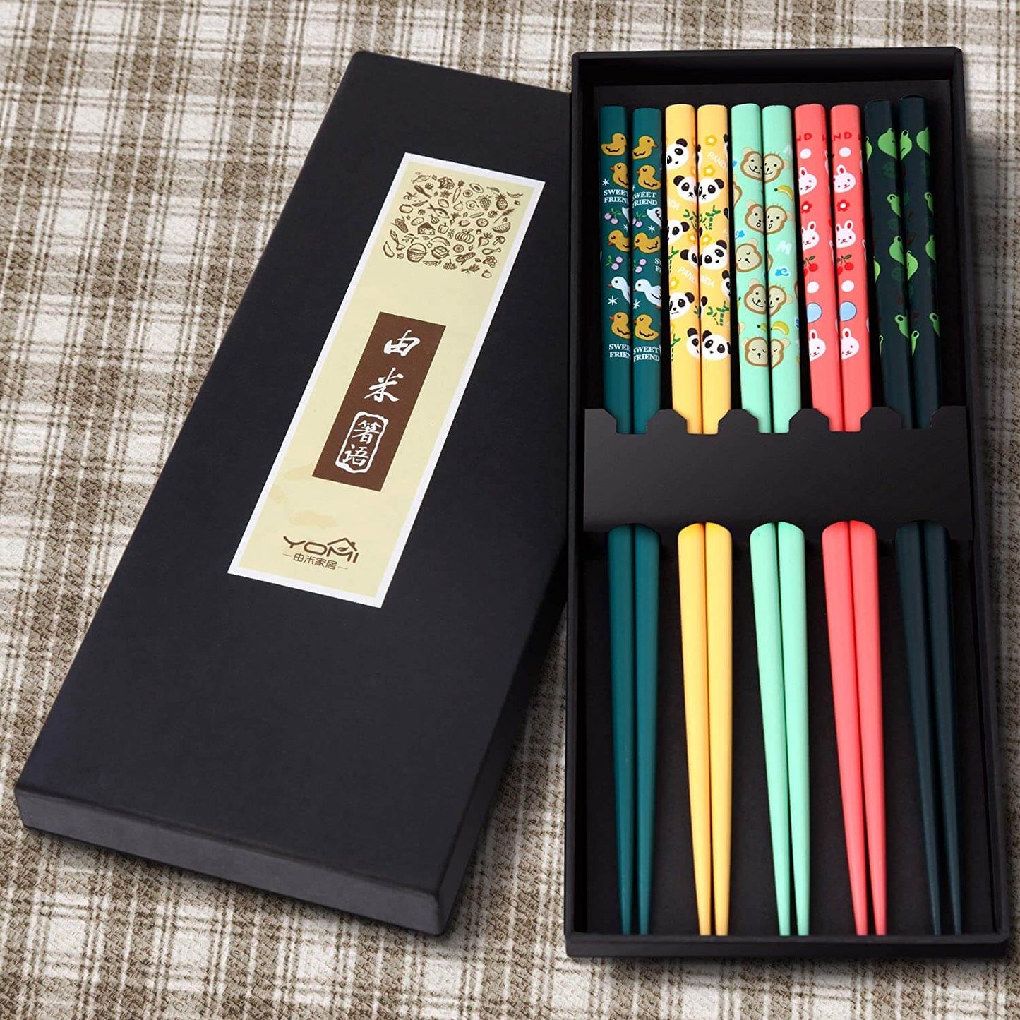 Kawaii Colorful Animals Reusable Natural Bamboo Chopsticks 5 Pairs Sets
